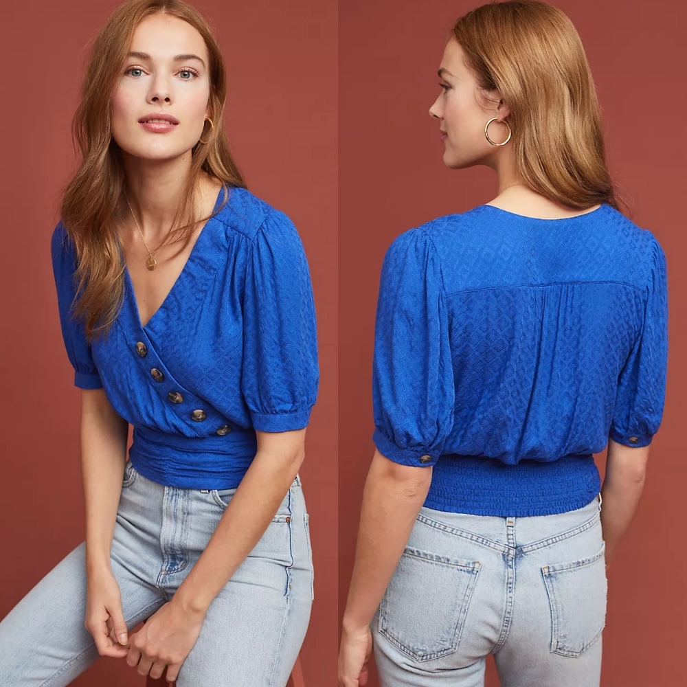 Anthropologie Maeve Madelyn Wrap Cropped Top in Royal Blue